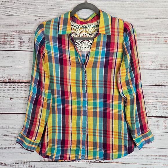 Soft Surroundings Kona Shores Plaid Button Shirt Sz PS Lace Detail Rainbow Color - Picture 2 of 13